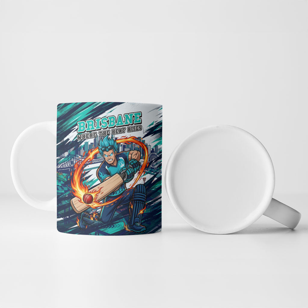 Personalised Brisbane Heat Cricket Fan Pride Ceramic Mug Dynamic Flaming Cricket Graphic Art With Brisbane Skyline