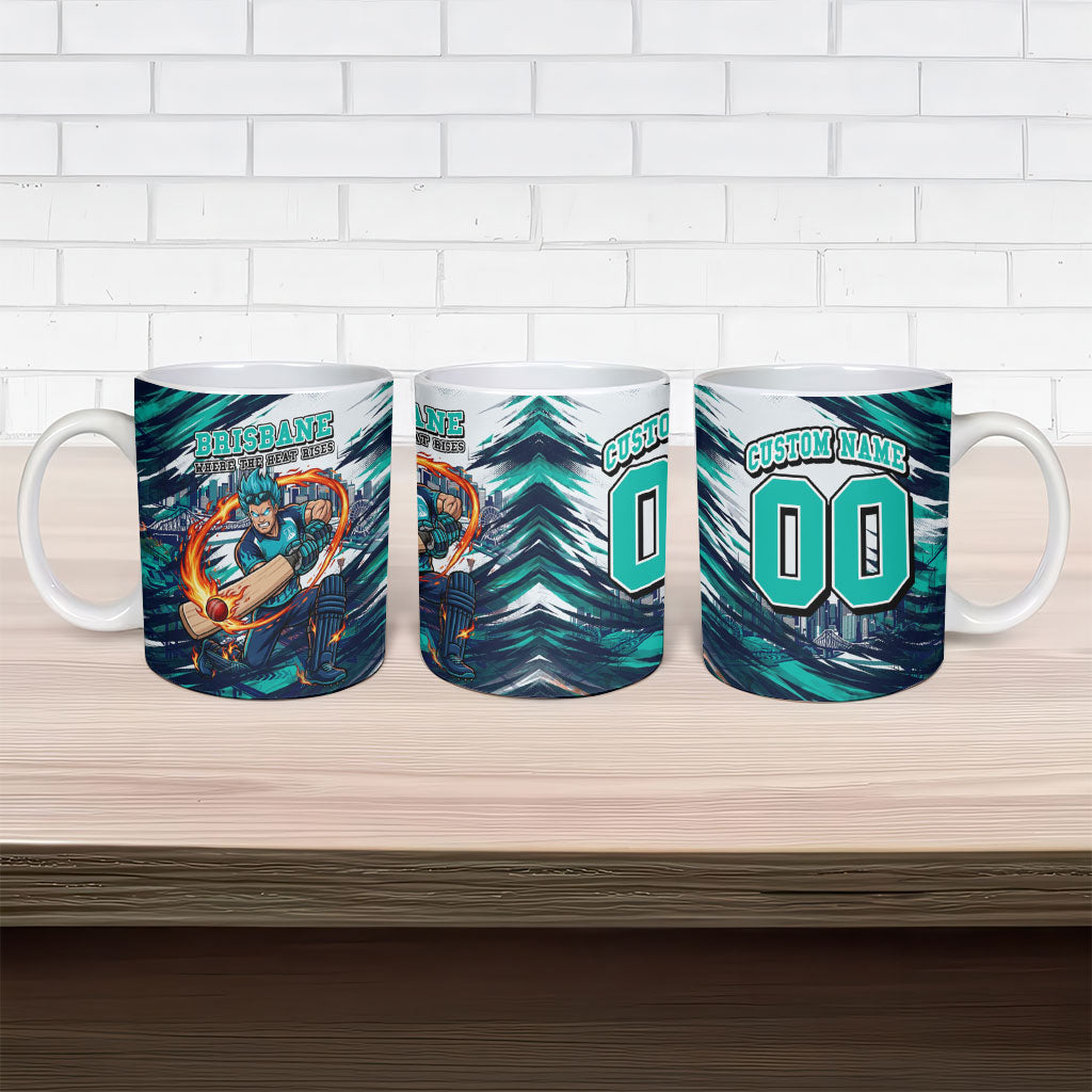 Personalised Brisbane Heat Cricket Fan Pride Ceramic Mug Dynamic Flaming Cricket Graphic Art With Brisbane Skyline