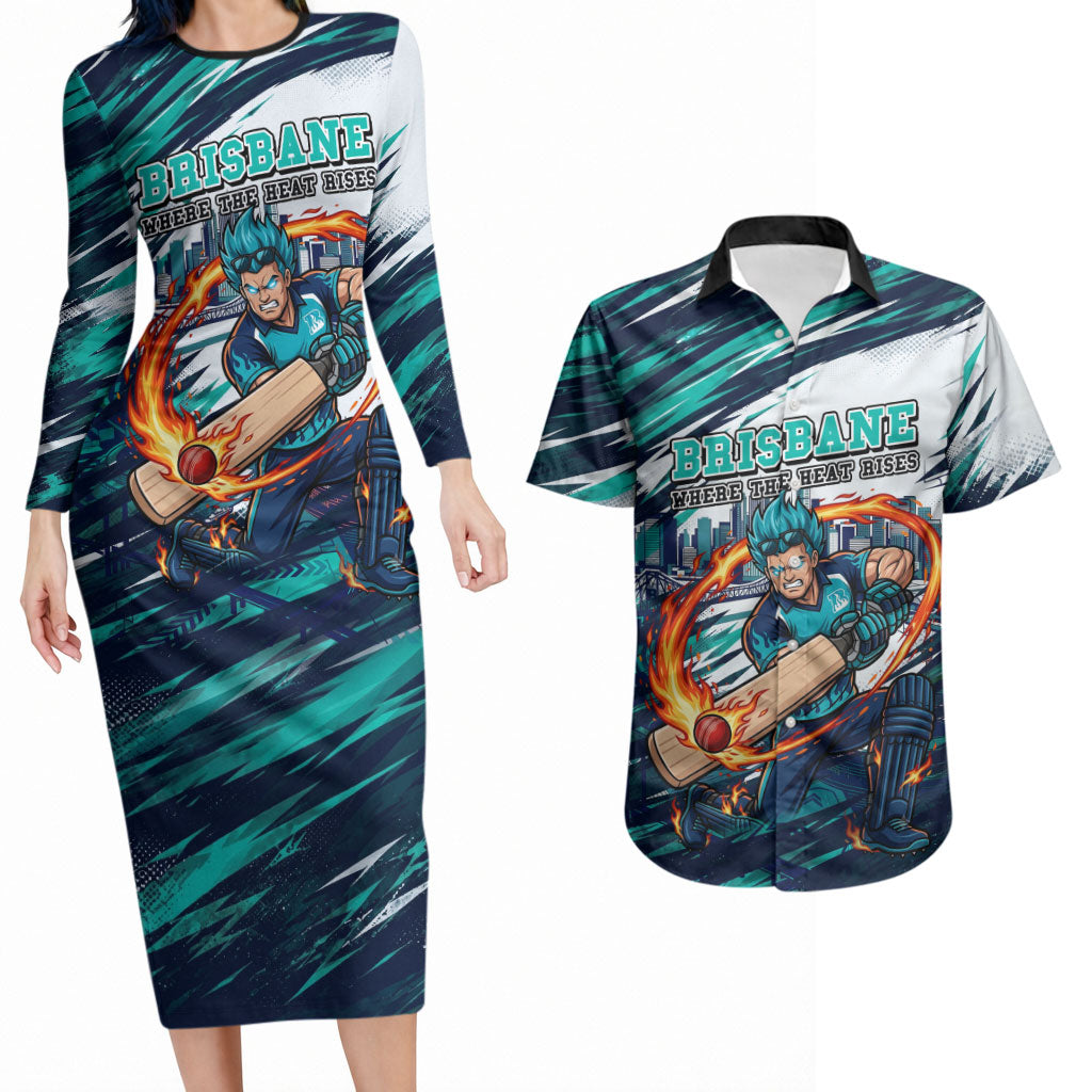 Personalised Brisbane Heat Cricket Fan Pride Couples Matching Long Sleeve Bodycon Dress and Hawaiian Shirt Dynamic Flaming Cricket Graphic Art With Brisbane Skyline