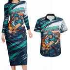 Personalised Brisbane Heat Cricket Fan Pride Couples Matching Long Sleeve Bodycon Dress and Hawaiian Shirt Dynamic Flaming Cricket Graphic Art With Brisbane Skyline