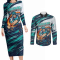 Personalised Brisbane Heat Cricket Fan Pride Couples Matching Long Sleeve Bodycon Dress and Long Sleeve Button Shirt Dynamic Flaming Cricket Graphic Art With Brisbane Skyline