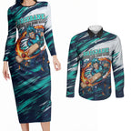 Personalised Brisbane Heat Cricket Fan Pride Couples Matching Long Sleeve Bodycon Dress and Long Sleeve Button Shirt Dynamic Flaming Cricket Graphic Art With Brisbane Skyline
