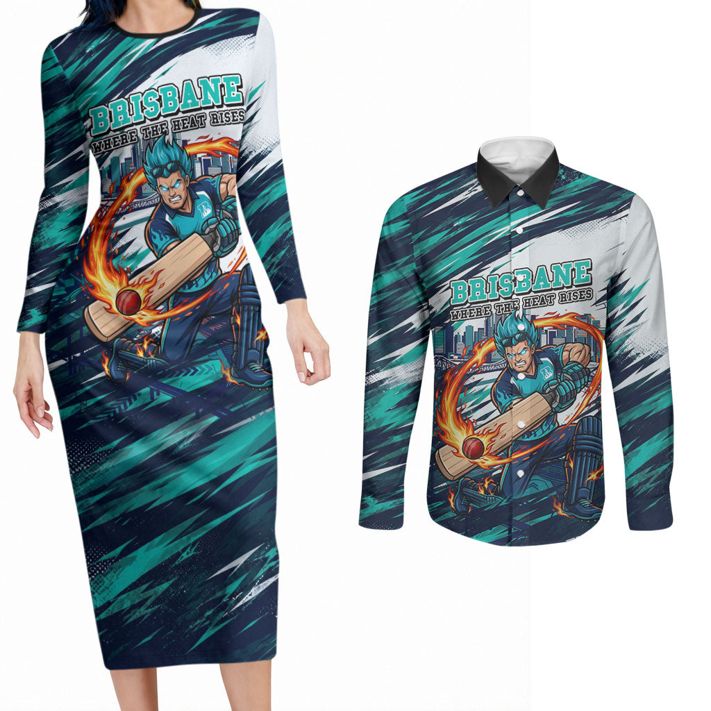 Personalised Brisbane Heat Cricket Fan Pride Couples Matching Long Sleeve Bodycon Dress and Long Sleeve Button Shirt Dynamic Flaming Cricket Graphic Art With Brisbane Skyline