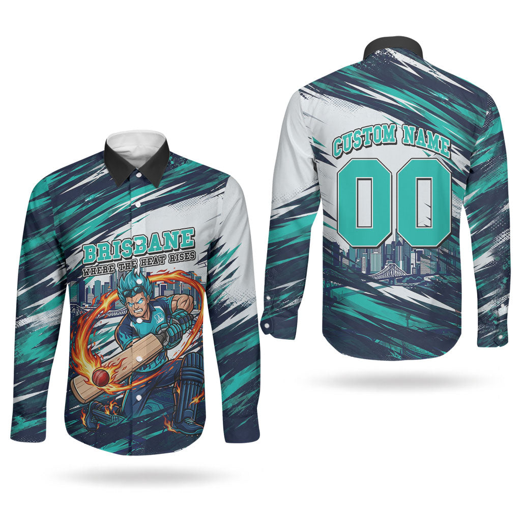 Personalised Brisbane Heat Cricket Fan Pride Couples Matching Long Sleeve Bodycon Dress and Long Sleeve Button Shirt Dynamic Flaming Cricket Graphic Art With Brisbane Skyline