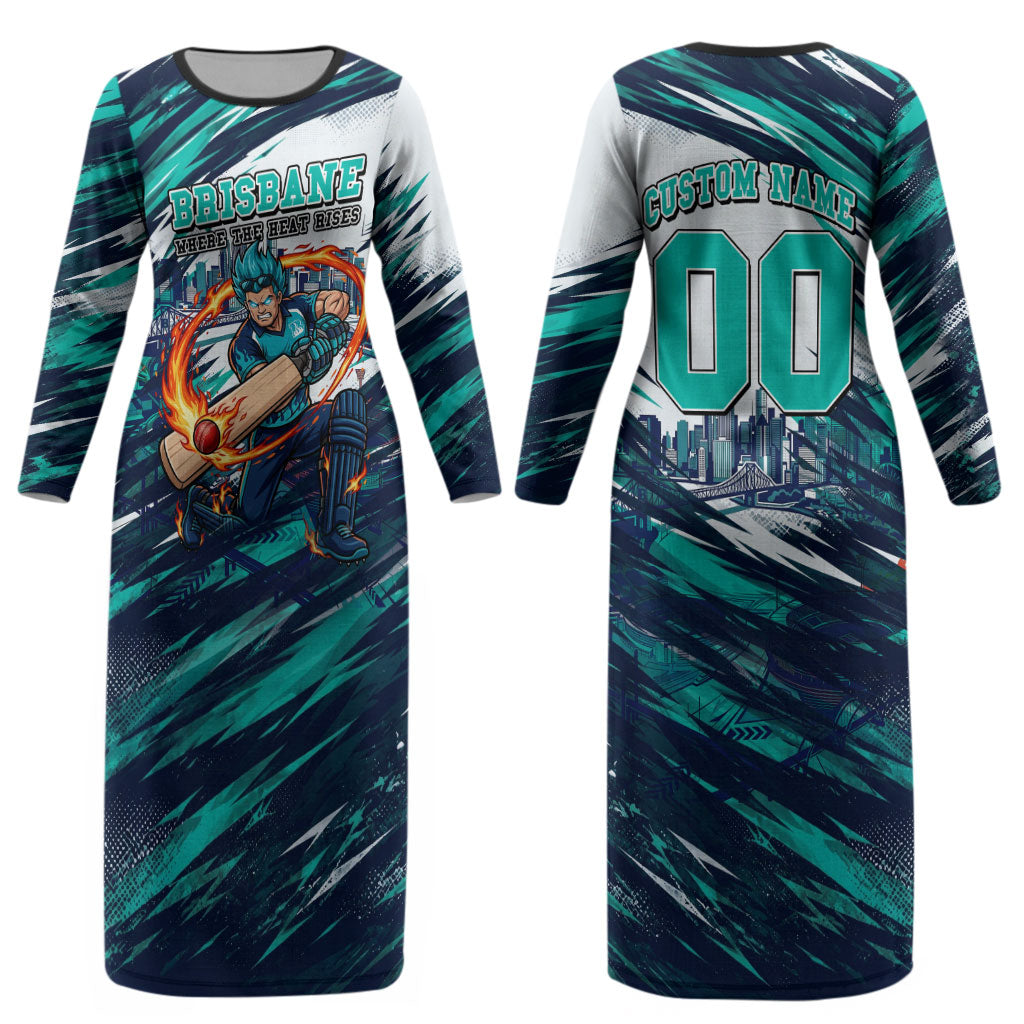 Personalised Brisbane Heat Cricket Fan Pride Couples Matching Long Sleeve Bodycon Dress and Long Sleeve Button Shirt Dynamic Flaming Cricket Graphic Art With Brisbane Skyline