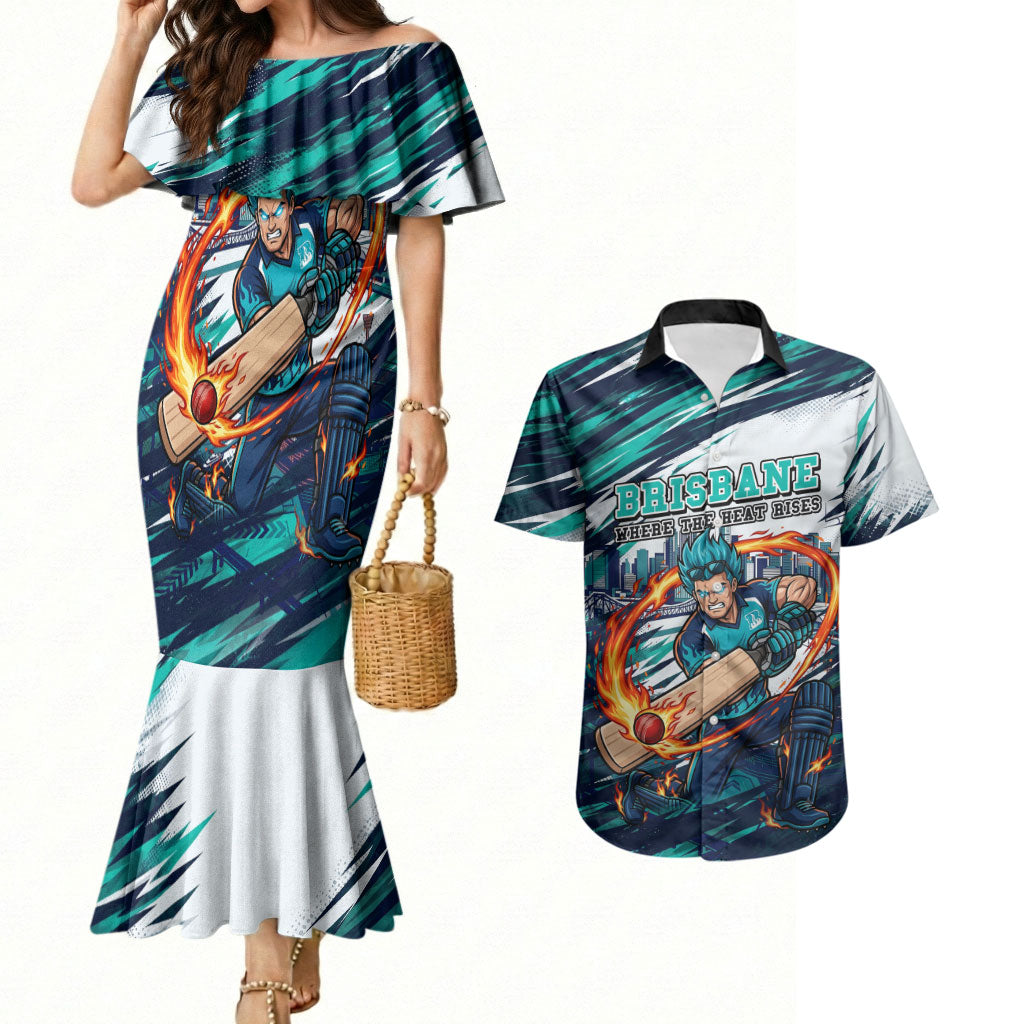 Personalised Brisbane Heat Cricket Fan Pride Couples Matching Mermaid Dress and Hawaiian Shirt Dynamic Flaming Cricket Graphic Art With Brisbane Skyline