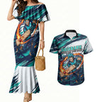 Personalised Brisbane Heat Cricket Fan Pride Couples Matching Mermaid Dress and Hawaiian Shirt Dynamic Flaming Cricket Graphic Art With Brisbane Skyline