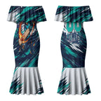 Personalised Brisbane Heat Cricket Fan Pride Couples Matching Mermaid Dress and Hawaiian Shirt Dynamic Flaming Cricket Graphic Art With Brisbane Skyline