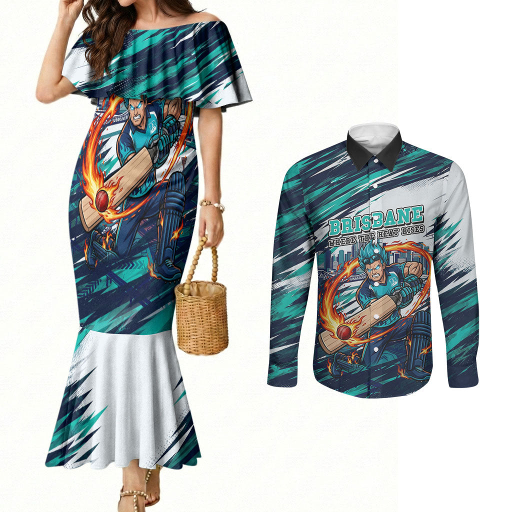 Personalised Brisbane Heat Cricket Fan Pride Couples Matching Mermaid Dress and Long Sleeve Button Shirt Dynamic Flaming Cricket Graphic Art With Brisbane Skyline