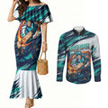 Personalised Brisbane Heat Cricket Fan Pride Couples Matching Mermaid Dress and Long Sleeve Button Shirt Dynamic Flaming Cricket Graphic Art With Brisbane Skyline