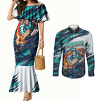 Personalised Brisbane Heat Cricket Fan Pride Couples Matching Mermaid Dress and Long Sleeve Button Shirt Dynamic Flaming Cricket Graphic Art With Brisbane Skyline