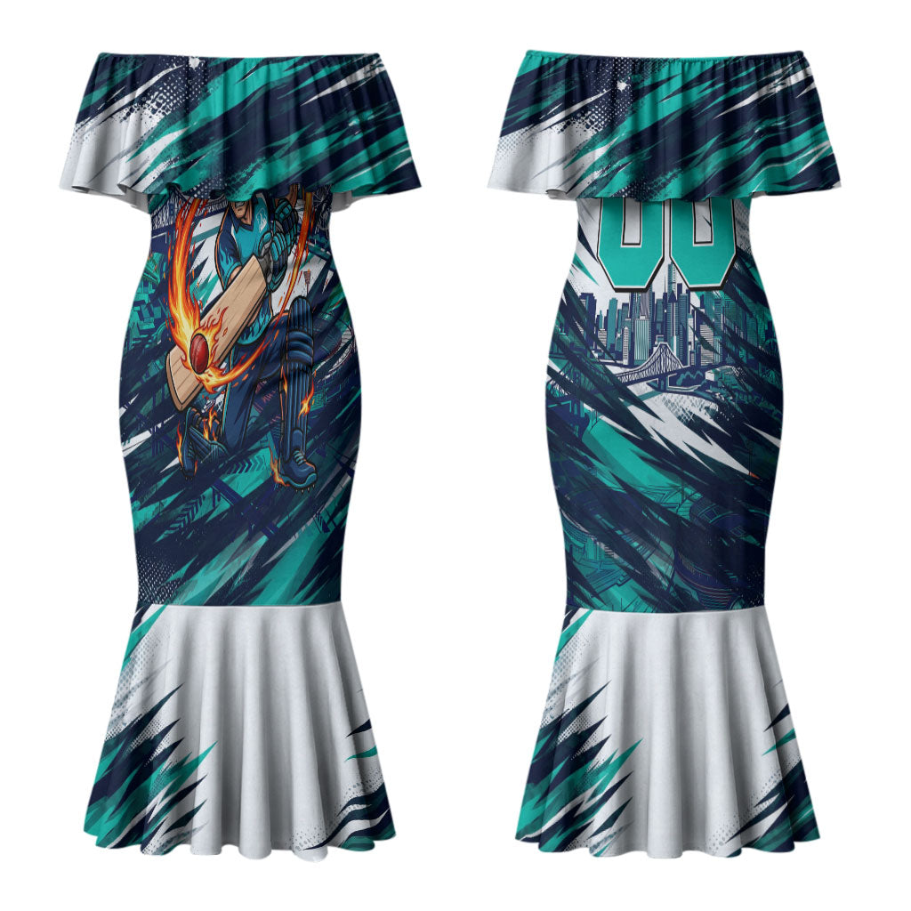 Personalised Brisbane Heat Cricket Fan Pride Couples Matching Mermaid Dress and Long Sleeve Button Shirt Dynamic Flaming Cricket Graphic Art With Brisbane Skyline