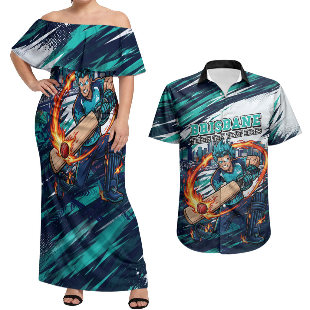 Personalised Brisbane Heat Cricket Fan Pride Couples Matching Off Shoulder Maxi Dress and Hawaiian Shirt Dynamic Flaming Cricket Graphic Art With Brisbane Skyline