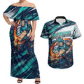 Personalised Brisbane Heat Cricket Fan Pride Couples Matching Off Shoulder Maxi Dress and Hawaiian Shirt Dynamic Flaming Cricket Graphic Art With Brisbane Skyline