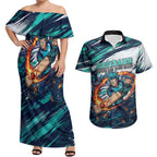 Personalised Brisbane Heat Cricket Fan Pride Couples Matching Off Shoulder Maxi Dress and Hawaiian Shirt Dynamic Flaming Cricket Graphic Art With Brisbane Skyline