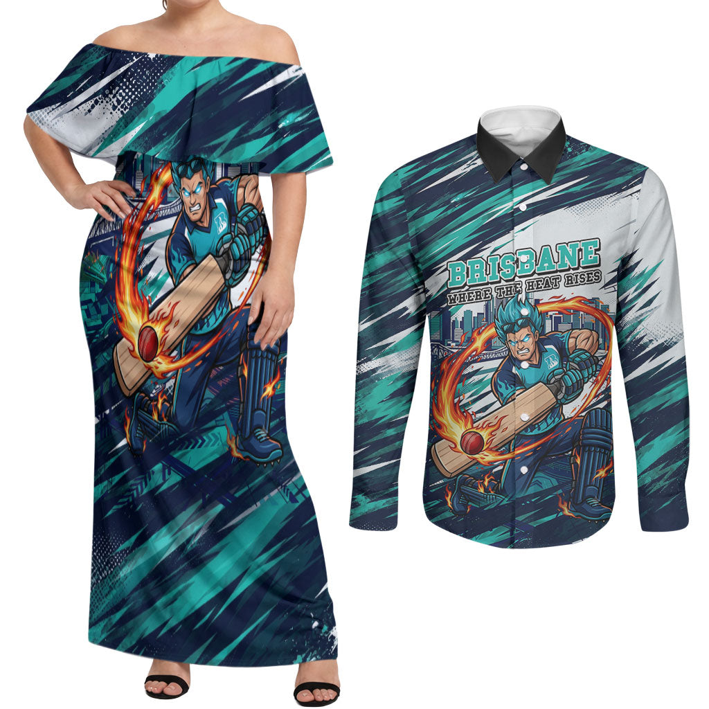 Personalised Brisbane Heat Cricket Fan Pride Couples Matching Off Shoulder Maxi Dress and Long Sleeve Button Shirt Dynamic Flaming Cricket Graphic Art With Brisbane Skyline