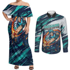 Personalised Brisbane Heat Cricket Fan Pride Couples Matching Off Shoulder Maxi Dress and Long Sleeve Button Shirt Dynamic Flaming Cricket Graphic Art With Brisbane Skyline