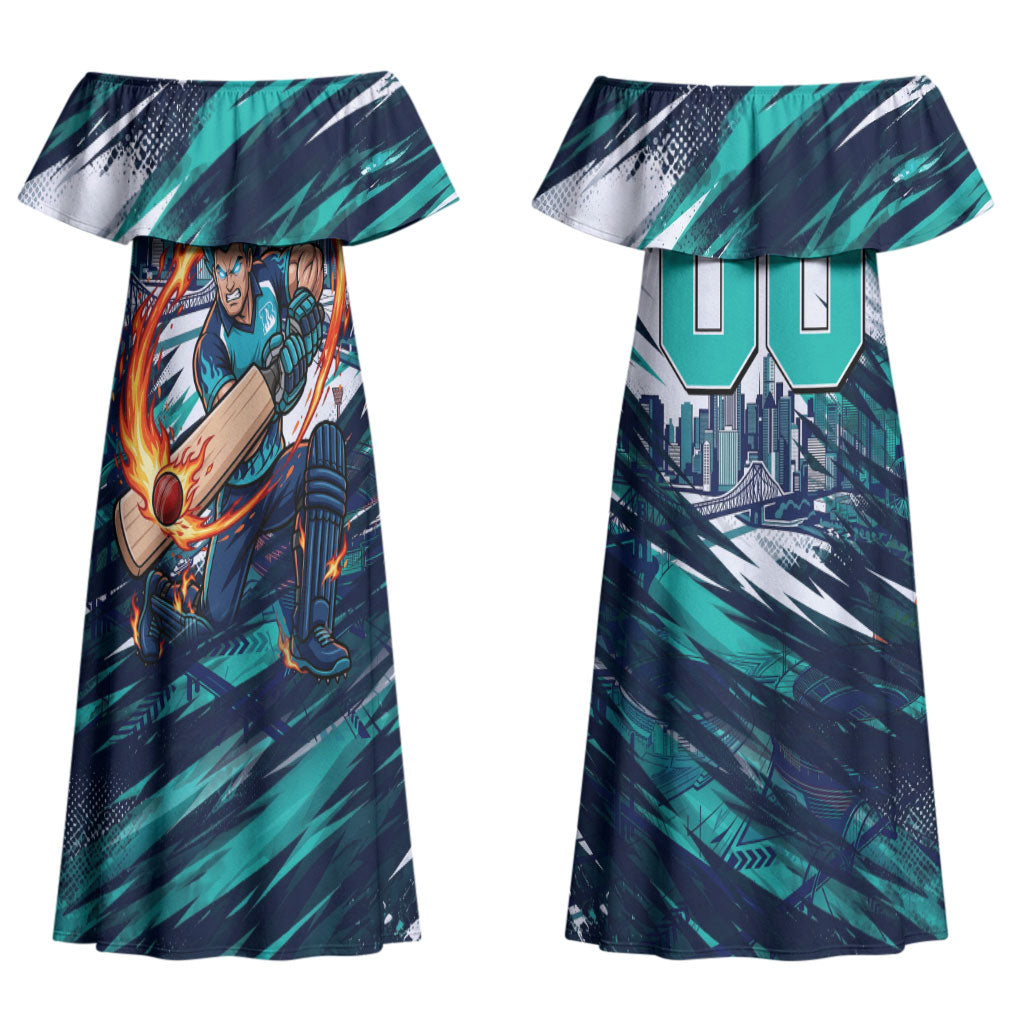Personalised Brisbane Heat Cricket Fan Pride Couples Matching Off Shoulder Maxi Dress and Long Sleeve Button Shirt Dynamic Flaming Cricket Graphic Art With Brisbane Skyline