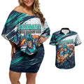 Personalised Brisbane Heat Cricket Fan Pride Couples Matching Off Shoulder Short Dress and Hawaiian Shirt Dynamic Flaming Cricket Graphic Art With Brisbane Skyline