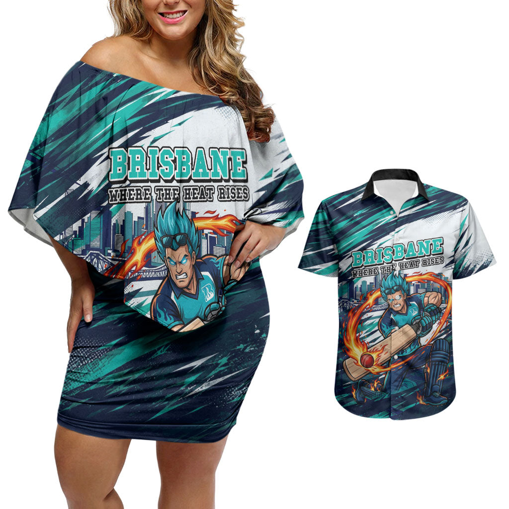 Personalised Brisbane Heat Cricket Fan Pride Couples Matching Off Shoulder Short Dress and Hawaiian Shirt Dynamic Flaming Cricket Graphic Art With Brisbane Skyline