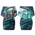 Personalised Brisbane Heat Cricket Fan Pride Couples Matching Off Shoulder Short Dress and Hawaiian Shirt Dynamic Flaming Cricket Graphic Art With Brisbane Skyline
