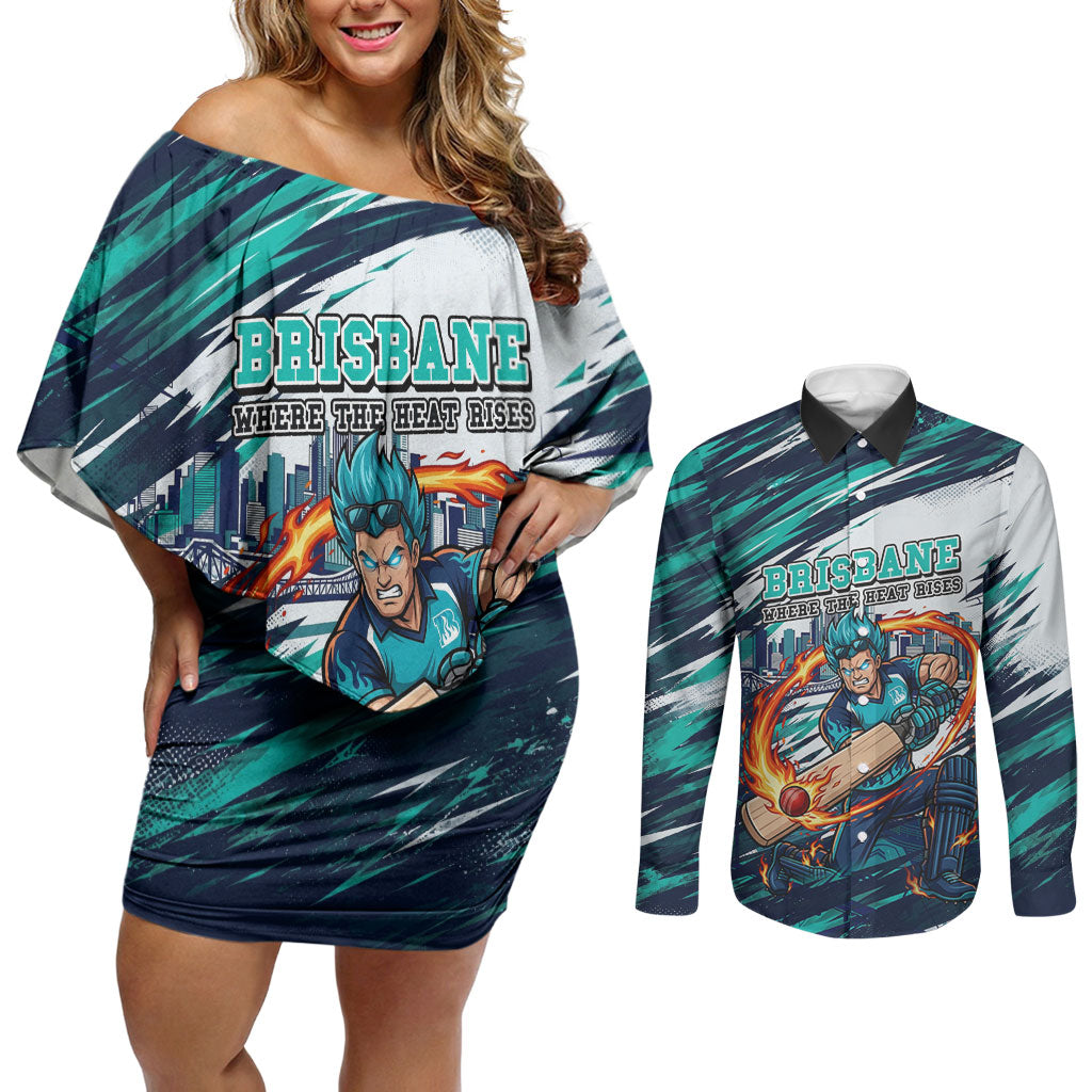 Personalised Brisbane Heat Cricket Fan Pride Couples Matching Off Shoulder Short Dress and Long Sleeve Button Shirt Dynamic Flaming Cricket Graphic Art With Brisbane Skyline