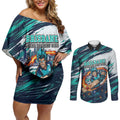 Personalised Brisbane Heat Cricket Fan Pride Couples Matching Off Shoulder Short Dress and Long Sleeve Button Shirt Dynamic Flaming Cricket Graphic Art With Brisbane Skyline