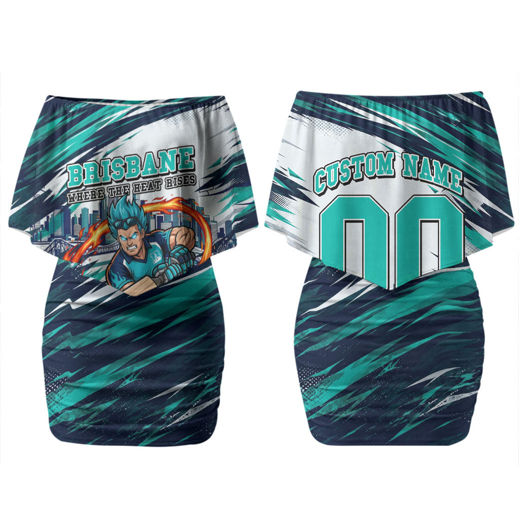 Personalised Brisbane Heat Cricket Fan Pride Couples Matching Off Shoulder Short Dress and Long Sleeve Button Shirt Dynamic Flaming Cricket Graphic Art With Brisbane Skyline