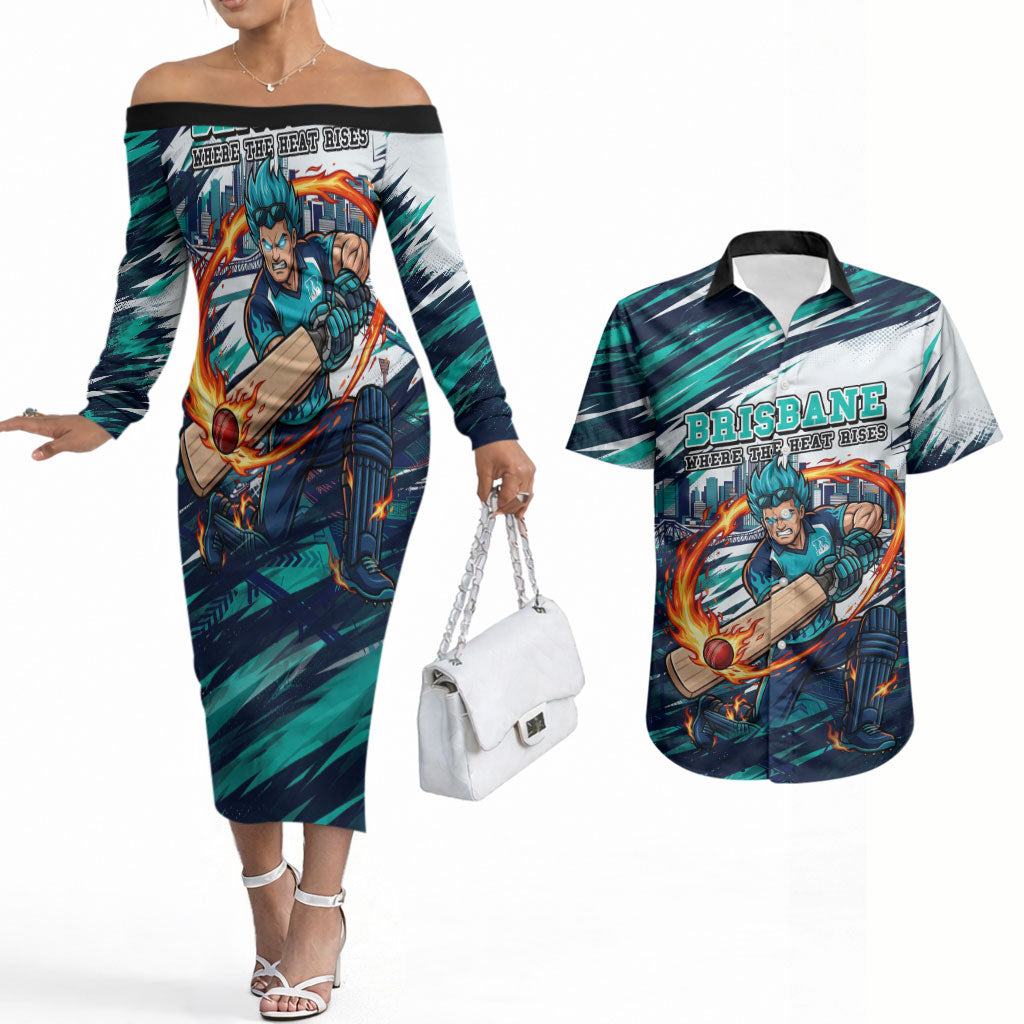 Personalised Brisbane Heat Cricket Fan Pride Couples Matching Off The Shoulder Long Sleeve Dress and Hawaiian Shirt Dynamic Flaming Cricket Graphic Art With Brisbane Skyline