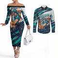 Personalised Brisbane Heat Cricket Fan Pride Couples Matching Off The Shoulder Long Sleeve Dress and Long Sleeve Button Shirt Dynamic Flaming Cricket Graphic Art With Brisbane Skyline