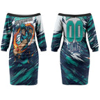 Personalised Brisbane Heat Cricket Fan Pride Couples Matching Off The Shoulder Long Sleeve Dress and Long Sleeve Button Shirt Dynamic Flaming Cricket Graphic Art With Brisbane Skyline