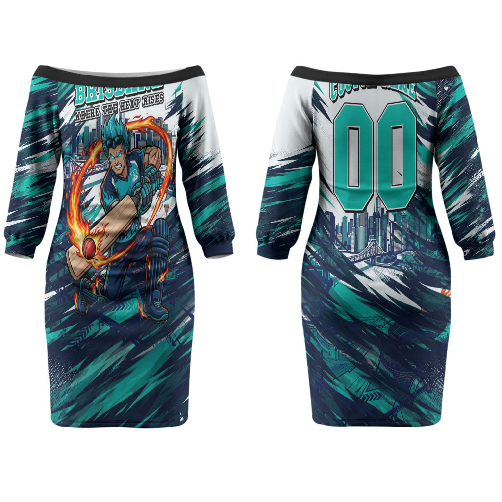 Personalised Brisbane Heat Cricket Fan Pride Couples Matching Off The Shoulder Long Sleeve Dress and Long Sleeve Button Shirt Dynamic Flaming Cricket Graphic Art With Brisbane Skyline