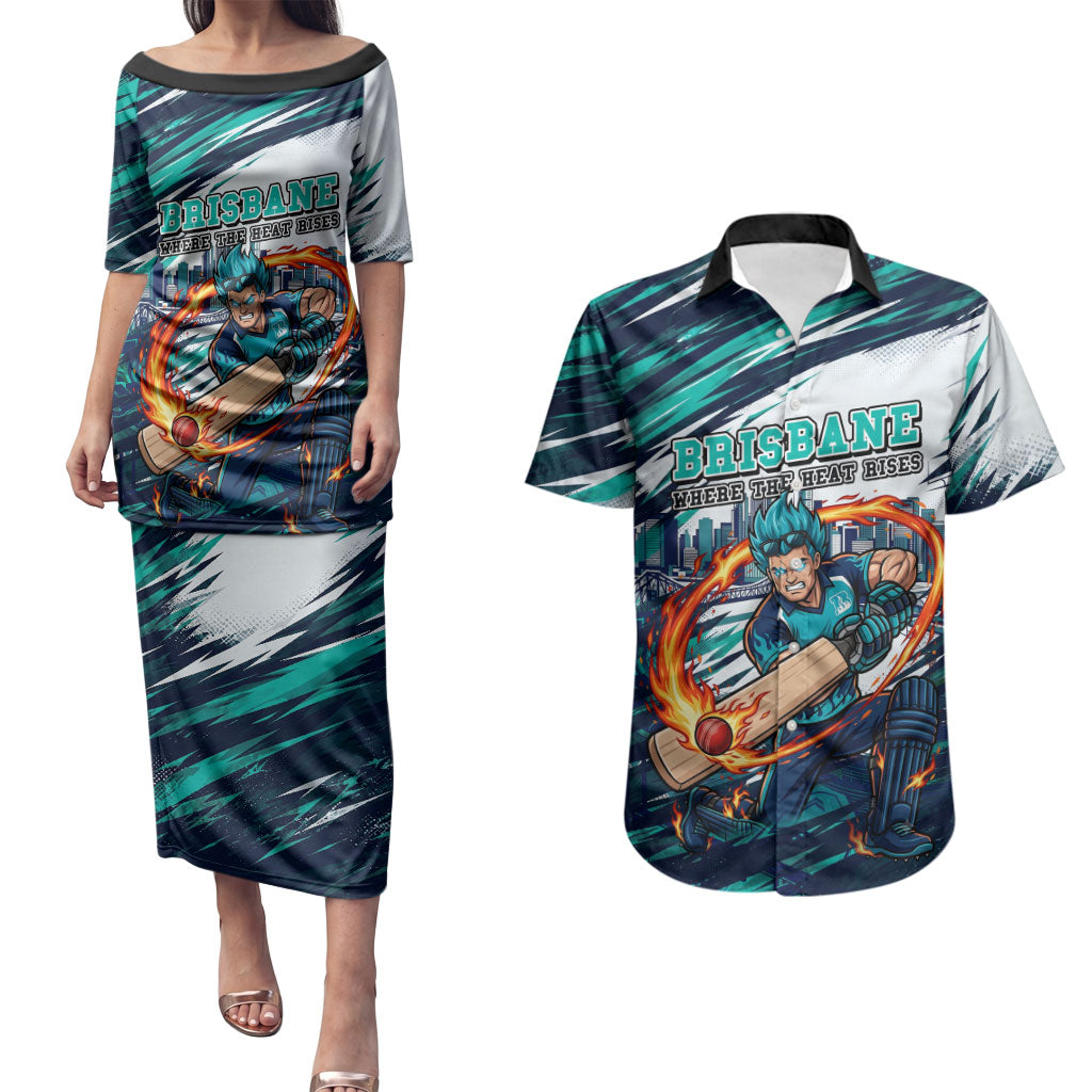Personalised Brisbane Heat Cricket Fan Pride Couples Matching Puletasi and Hawaiian Shirt Dynamic Flaming Cricket Graphic Art With Brisbane Skyline