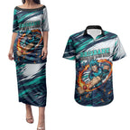 Personalised Brisbane Heat Cricket Fan Pride Couples Matching Puletasi and Hawaiian Shirt Dynamic Flaming Cricket Graphic Art With Brisbane Skyline