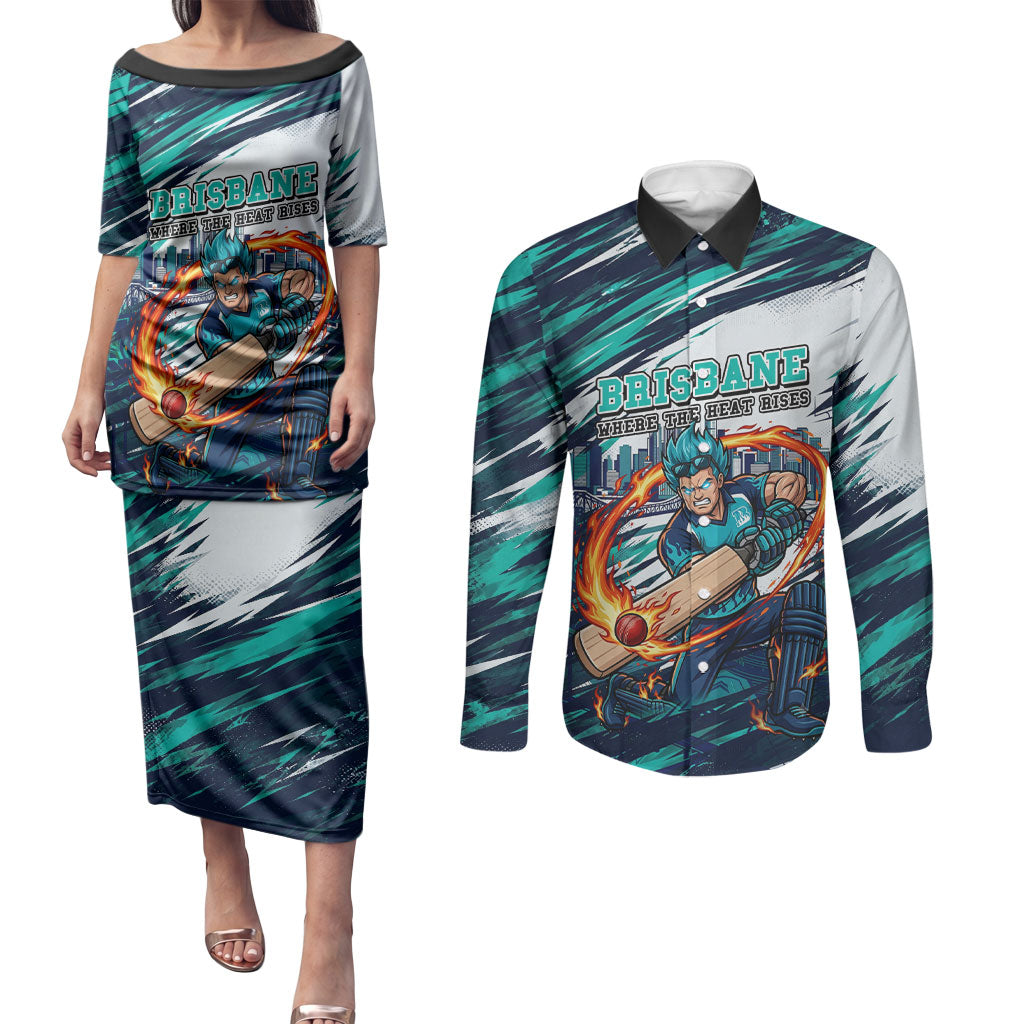 Personalised Brisbane Heat Cricket Fan Pride Couples Matching Puletasi and Long Sleeve Button Shirt Dynamic Flaming Cricket Graphic Art With Brisbane Skyline