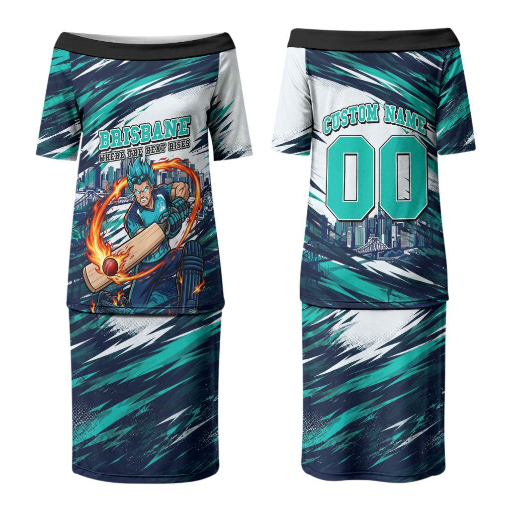 Personalised Brisbane Heat Cricket Fan Pride Couples Matching Puletasi and Long Sleeve Button Shirt Dynamic Flaming Cricket Graphic Art With Brisbane Skyline