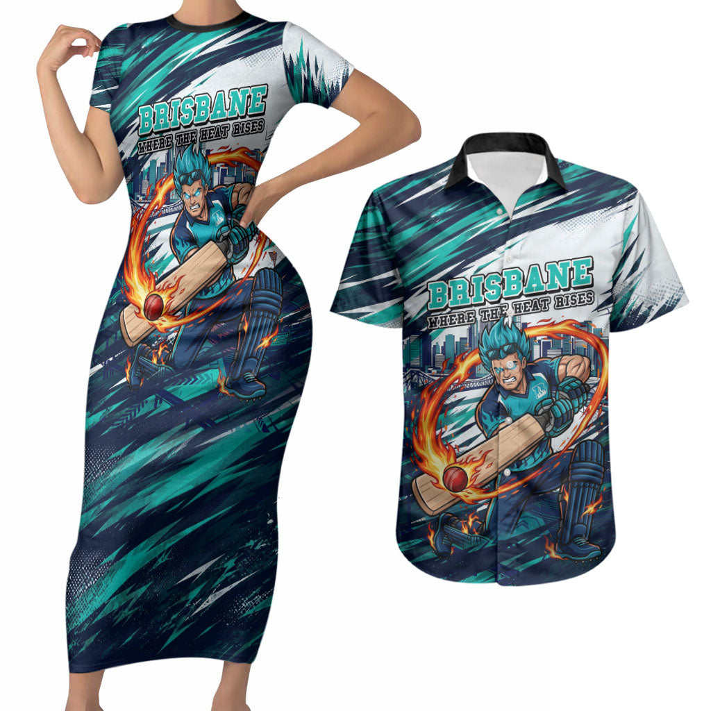 Personalised Brisbane Heat Cricket Fan Pride Couples Matching Short Sleeve Bodycon Dress and Hawaiian Shirt Dynamic Flaming Cricket Graphic Art With Brisbane Skyline