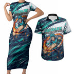 Personalised Brisbane Heat Cricket Fan Pride Couples Matching Short Sleeve Bodycon Dress and Hawaiian Shirt Dynamic Flaming Cricket Graphic Art With Brisbane Skyline
