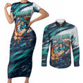 Personalised Brisbane Heat Cricket Fan Pride Couples Matching Short Sleeve Bodycon Dress and Long Sleeve Button Shirt Dynamic Flaming Cricket Graphic Art With Brisbane Skyline