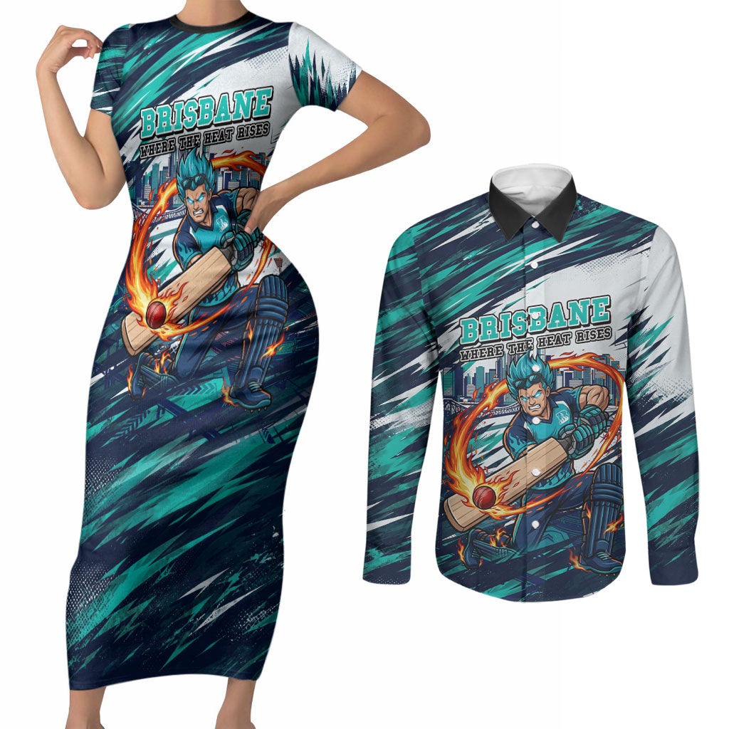 Personalised Brisbane Heat Cricket Fan Pride Couples Matching Short Sleeve Bodycon Dress and Long Sleeve Button Shirt Dynamic Flaming Cricket Graphic Art With Brisbane Skyline