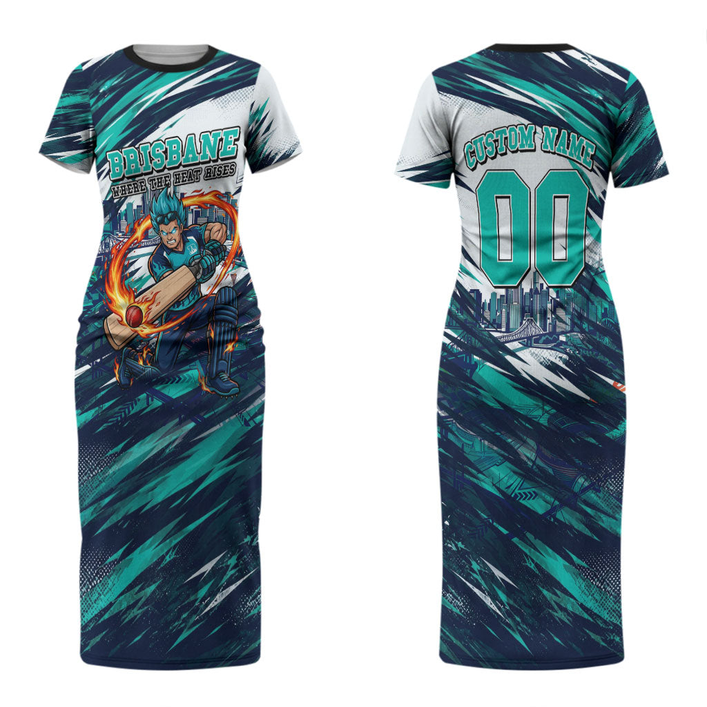 Personalised Brisbane Heat Cricket Fan Pride Couples Matching Short Sleeve Bodycon Dress and Long Sleeve Button Shirt Dynamic Flaming Cricket Graphic Art With Brisbane Skyline