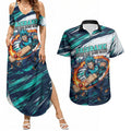 Personalised Brisbane Heat Cricket Fan Pride Couples Matching Summer Maxi Dress and Hawaiian Shirt Dynamic Flaming Cricket Graphic Art With Brisbane Skyline