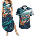 Personalised Brisbane Heat Cricket Fan Pride Couples Matching Summer Maxi Dress and Hawaiian Shirt Dynamic Flaming Cricket Graphic Art With Brisbane Skyline