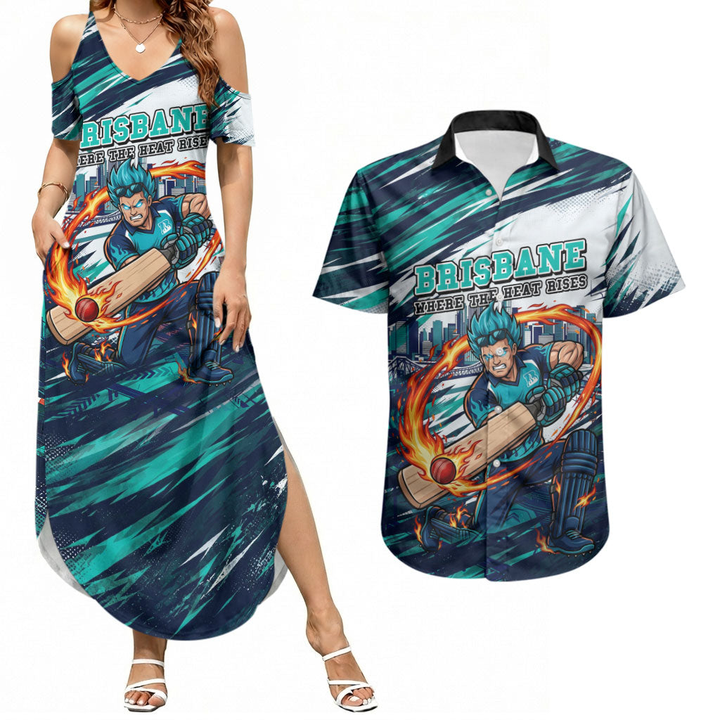 Personalised Brisbane Heat Cricket Fan Pride Couples Matching Summer Maxi Dress and Hawaiian Shirt Dynamic Flaming Cricket Graphic Art With Brisbane Skyline