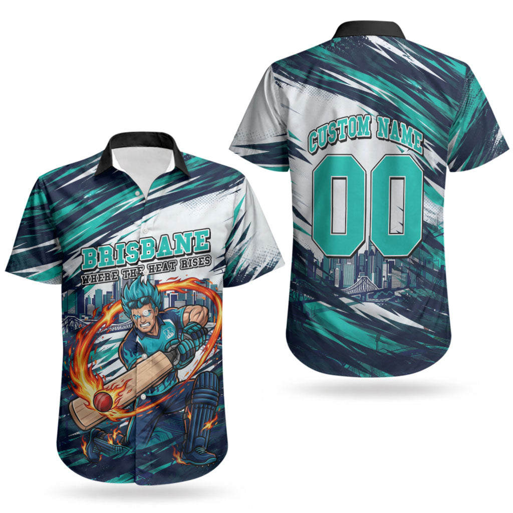 Personalised Brisbane Heat Cricket Fan Pride Couples Matching Summer Maxi Dress and Hawaiian Shirt Dynamic Flaming Cricket Graphic Art With Brisbane Skyline