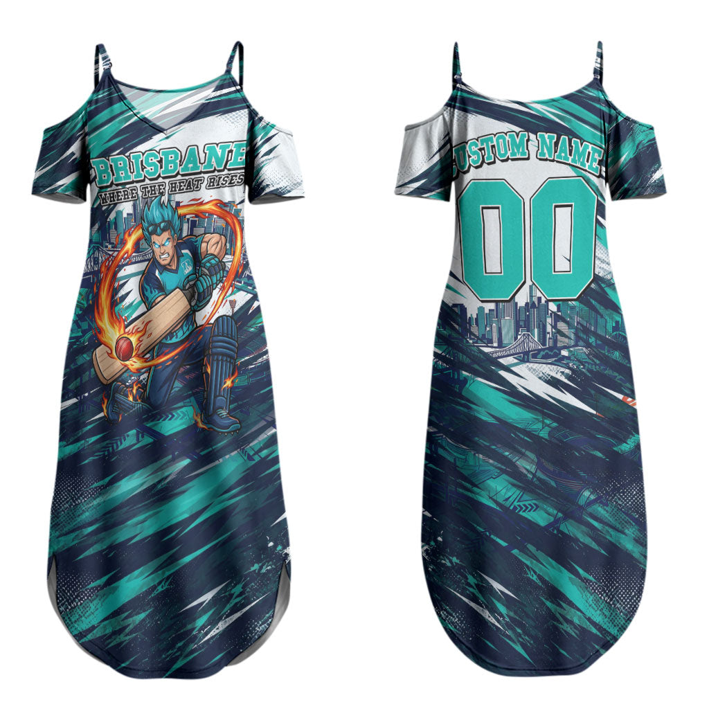 Personalised Brisbane Heat Cricket Fan Pride Couples Matching Summer Maxi Dress and Hawaiian Shirt Dynamic Flaming Cricket Graphic Art With Brisbane Skyline