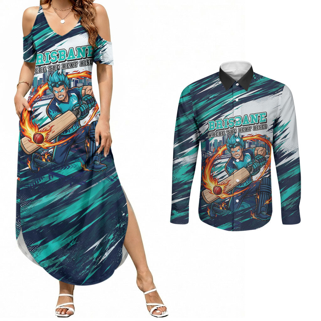 Personalised Brisbane Heat Cricket Fan Pride Couples Matching Summer Maxi Dress and Long Sleeve Button Shirt Dynamic Flaming Cricket Graphic Art With Brisbane Skyline