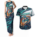 Personalised Brisbane Heat Cricket Fan Pride Couples Matching Tank Maxi Dress and Hawaiian Shirt Dynamic Flaming Cricket Graphic Art With Brisbane Skyline