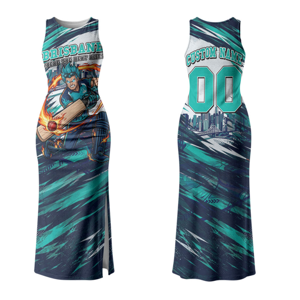 Personalised Brisbane Heat Cricket Fan Pride Couples Matching Tank Maxi Dress and Hawaiian Shirt Dynamic Flaming Cricket Graphic Art With Brisbane Skyline