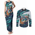 Personalised Brisbane Heat Cricket Fan Pride Couples Matching Tank Maxi Dress and Long Sleeve Button Shirt Dynamic Flaming Cricket Graphic Art With Brisbane Skyline